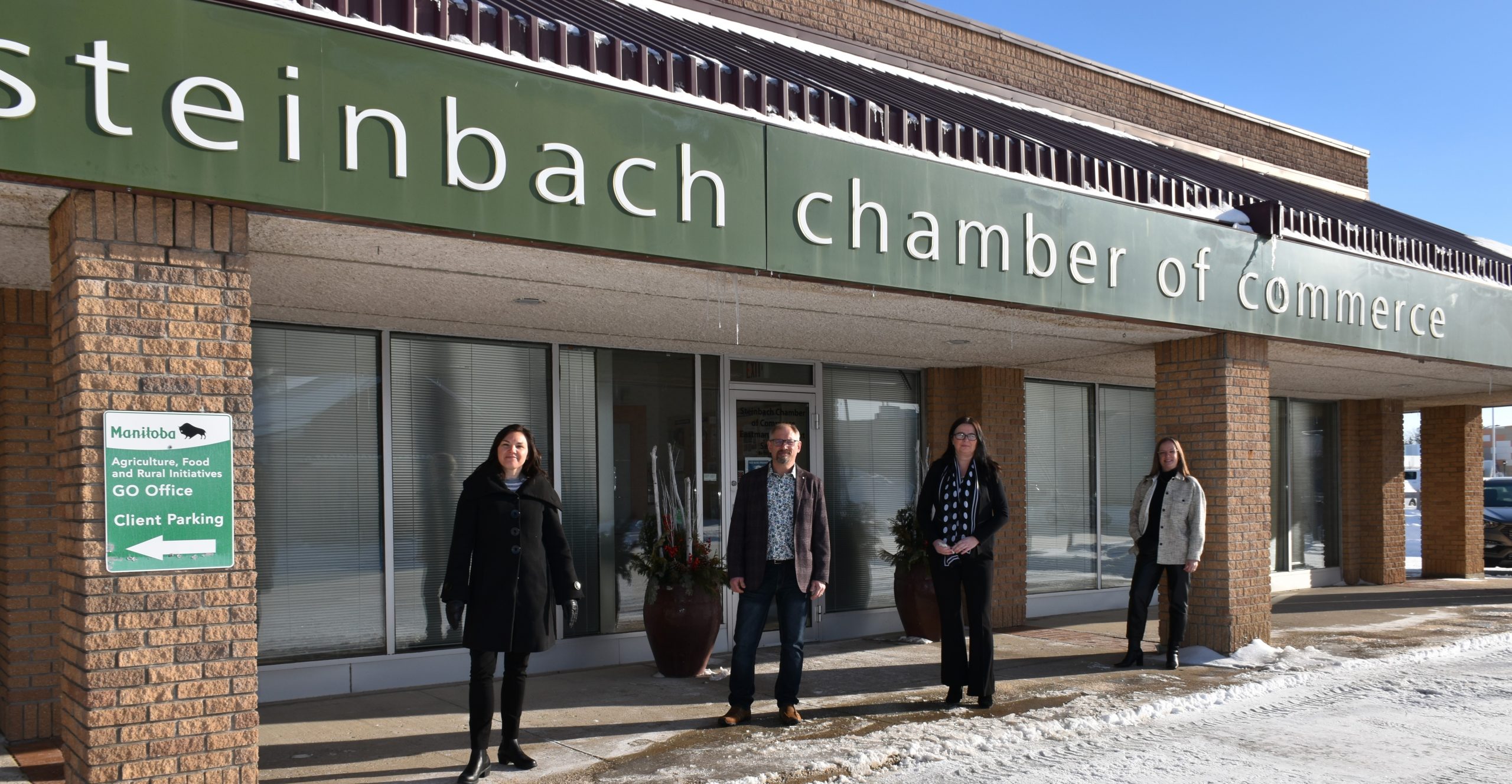 In photo (left to right): Christine Beaumont - Chamber President; Mayor Earl Funk - Mayor of Steinbach; Anna Mondor - Director of Economic Development; Michelle Bezditny - Executive Director of Steinbach Chamber